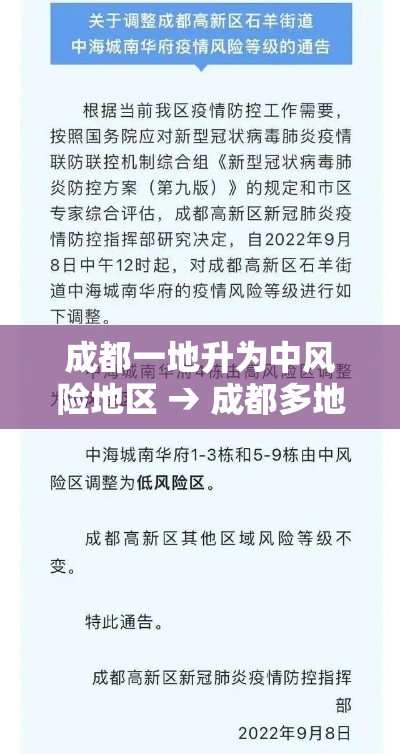 成都一地升为中风险地区 → 成都多地发布高温红色预警 成都一地升为中风险地区 → 成都多地发布高温红色预警